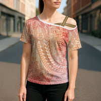 Hawaiian Turtles and Leis Cross Shoulder Shirt Tribal Kakau Pattern Peach Fuzz Color