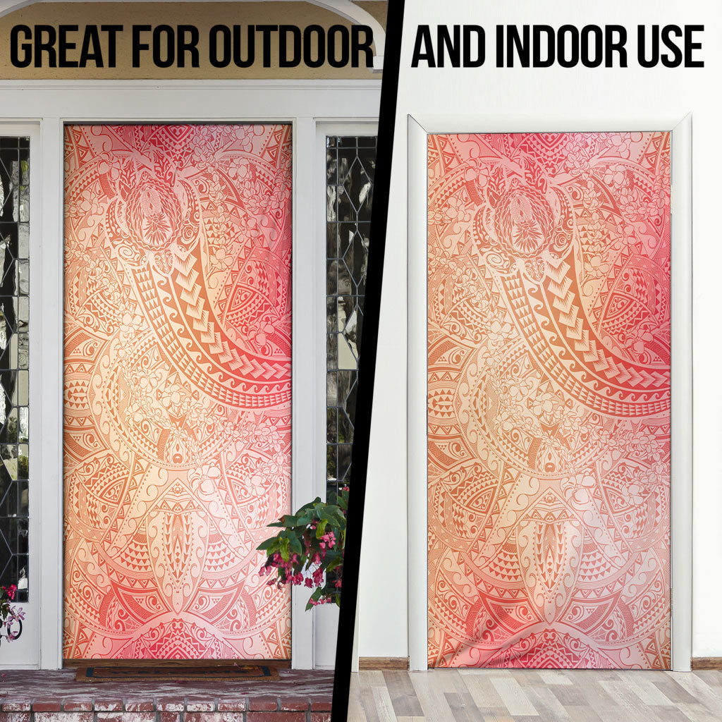 Hawaiian Turtles and Leis Door Cover Tribal Kakau Pattern Peach Fuzz Color