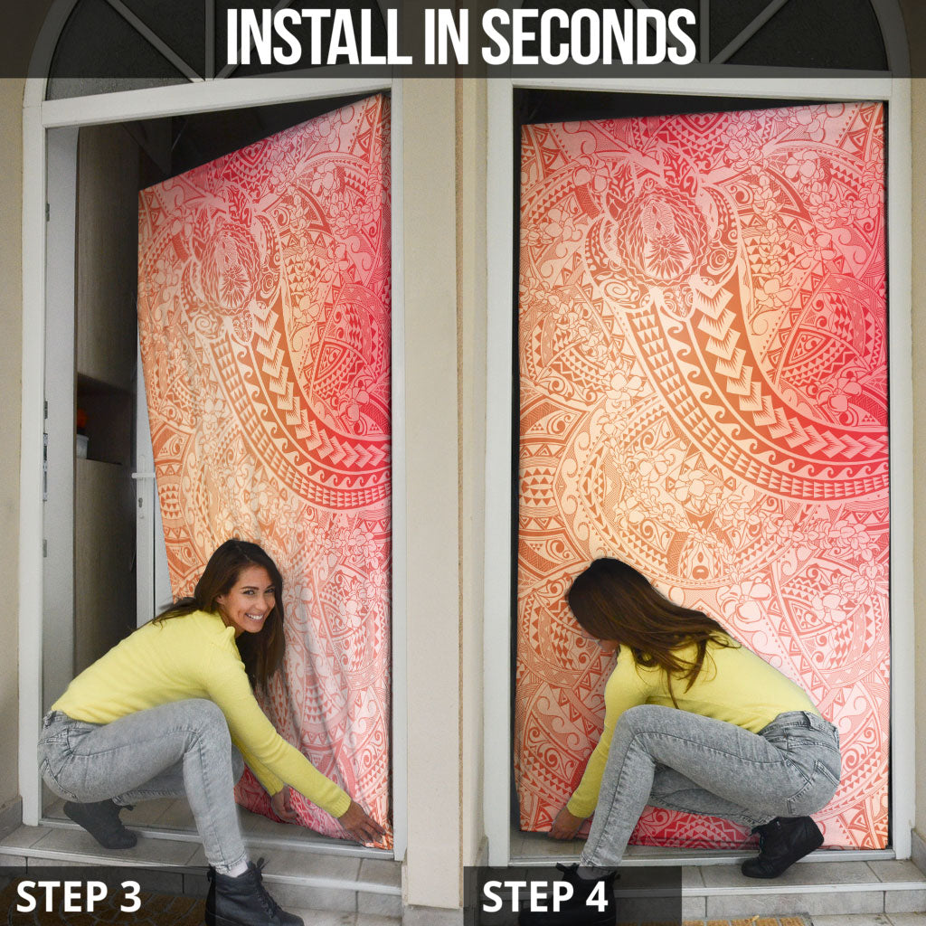 Hawaiian Turtles and Leis Door Cover Tribal Kakau Pattern Peach Fuzz Color