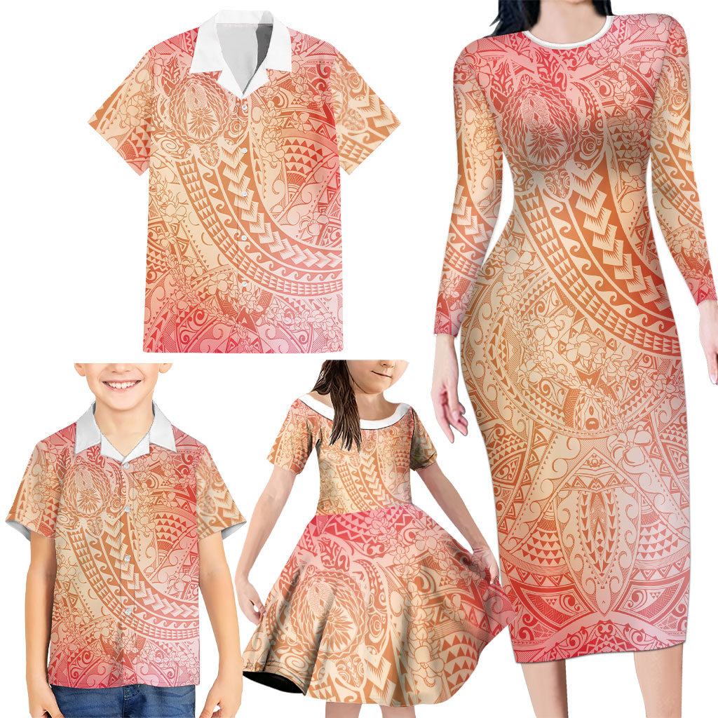 Hawaiian Turtles and Leis Family Matching Long Sleeve Bodycon Dress and Hawaiian Shirt Tribal Kakau Pattern Peach Fuzz Color