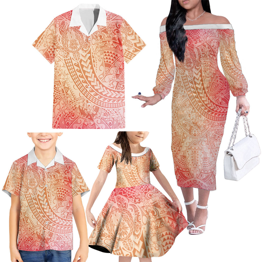 Hawaiian Turtles and Leis Family Matching Off The Shoulder Long Sleeve Dress and Hawaiian Shirt Tribal Kakau Pattern Peach Fuzz Color LT03 - Polynesian Pride
