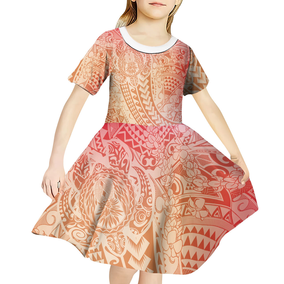 Hawaiian Turtles and Leis Kid Short Sleeve Dress Tribal Kakau Pattern Peach Fuzz Color