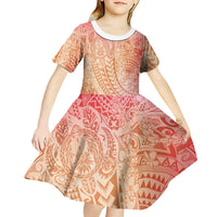 Hawaiian Turtles and Leis Kid Short Sleeve Dress Tribal Kakau Pattern Peach Fuzz Color