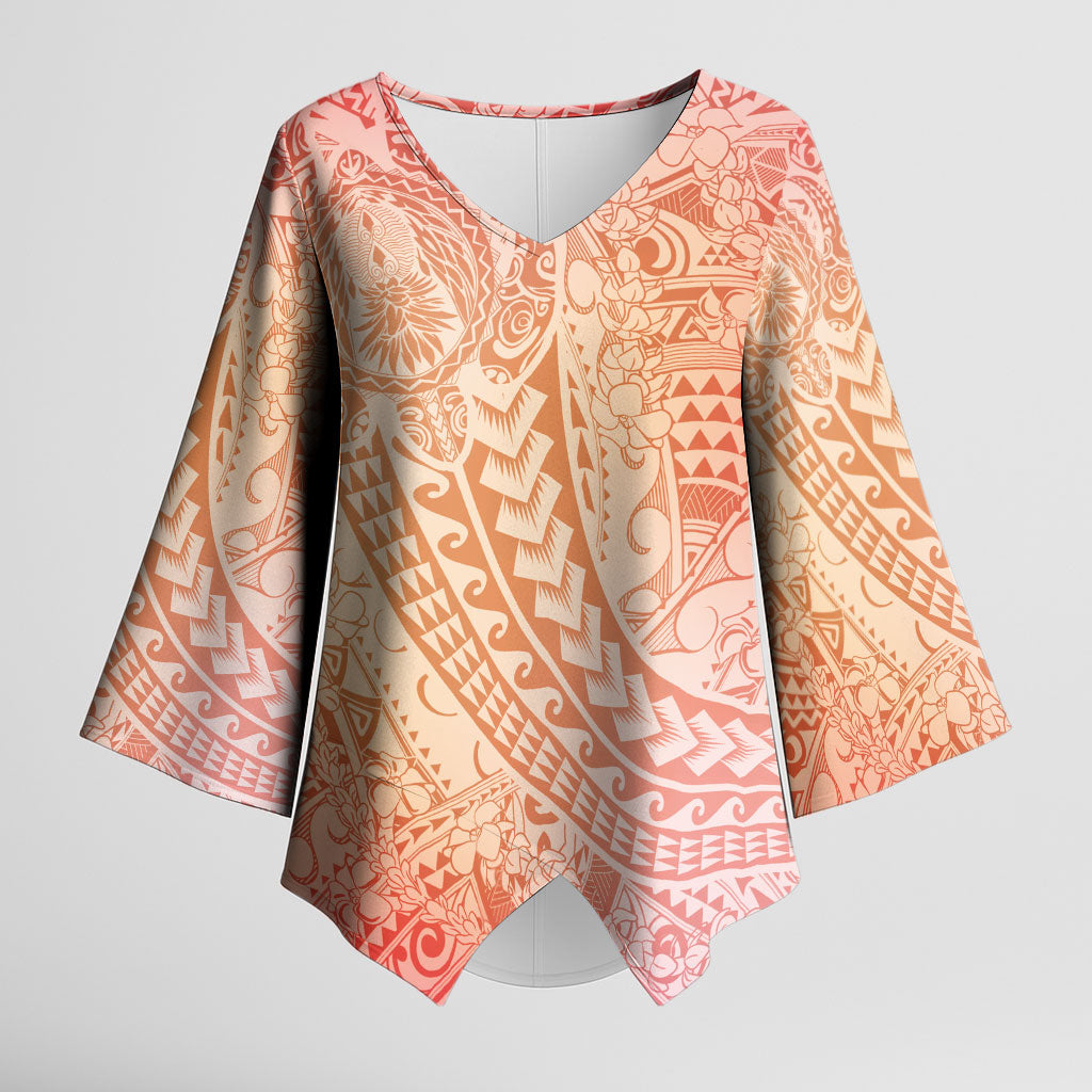 Hawaiian Turtles and Leis Kimono Sleeve Blouse Tribal Kakau Pattern Peach Fuzz Color