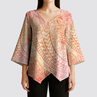 Hawaiian Turtles and Leis Kimono Sleeve Blouse Tribal Kakau Pattern Peach Fuzz Color
