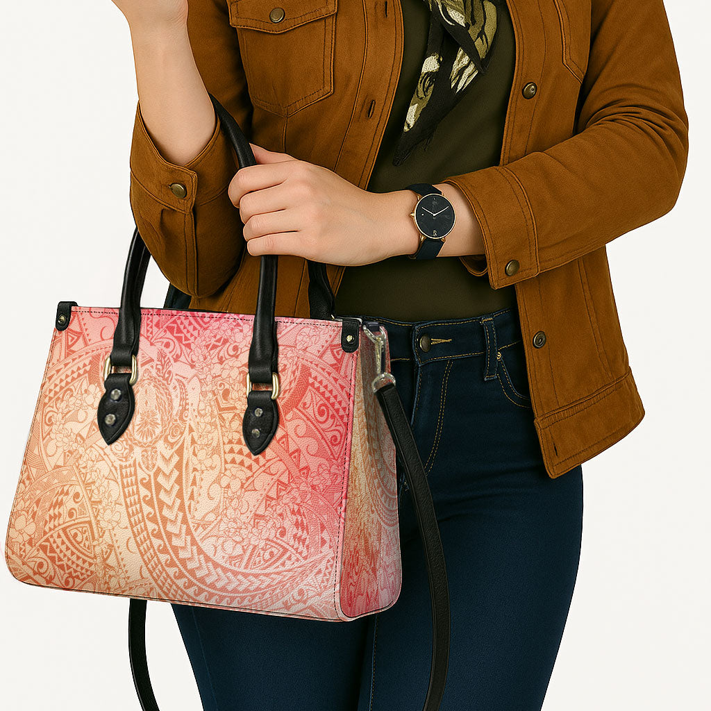 Hawaiian Turtles and Leis Leather Bag Tribal Kakau Pattern Peach Fuzz Color