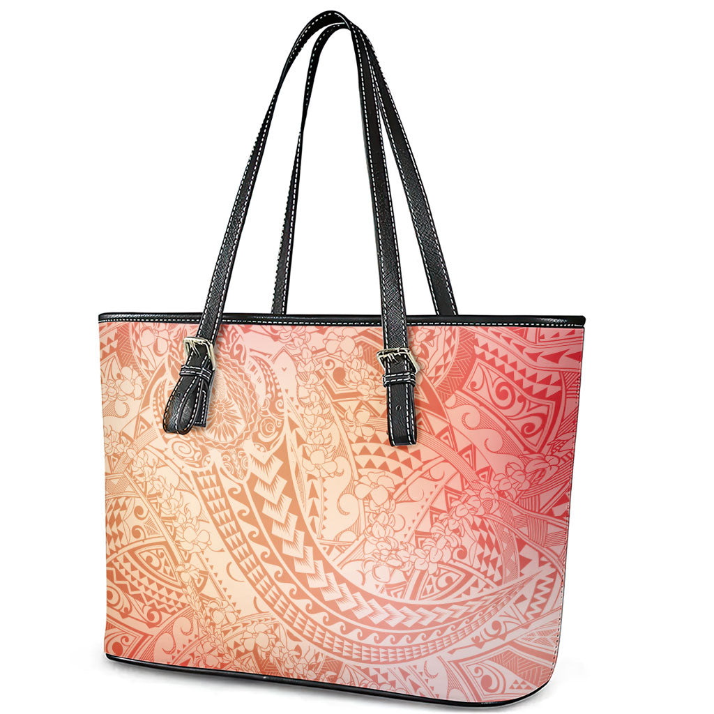 Hawaiian Turtles and Leis Leather Tote Bag Tribal Kakau Pattern Peach Fuzz Color