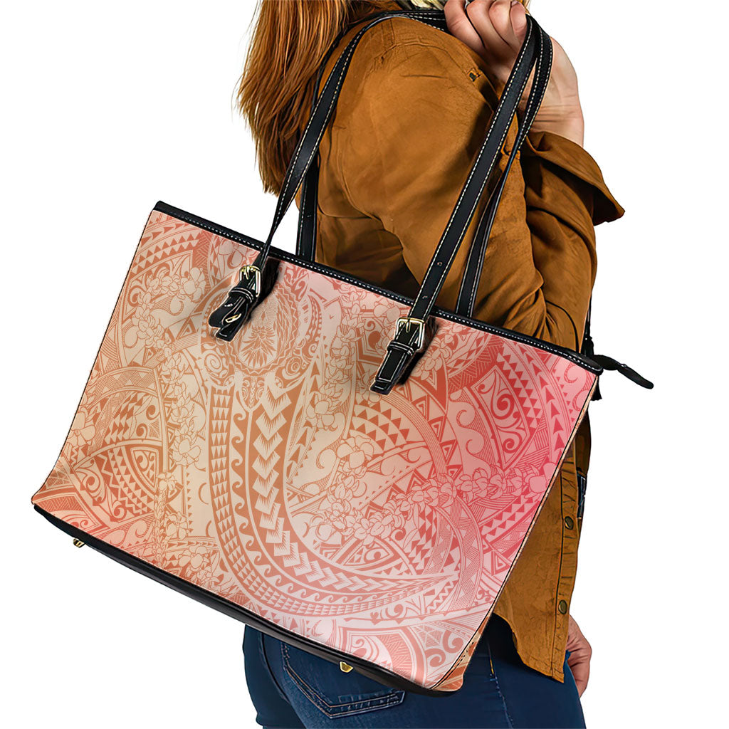 Hawaiian Turtles and Leis Leather Tote Bag Tribal Kakau Pattern Peach Fuzz Color