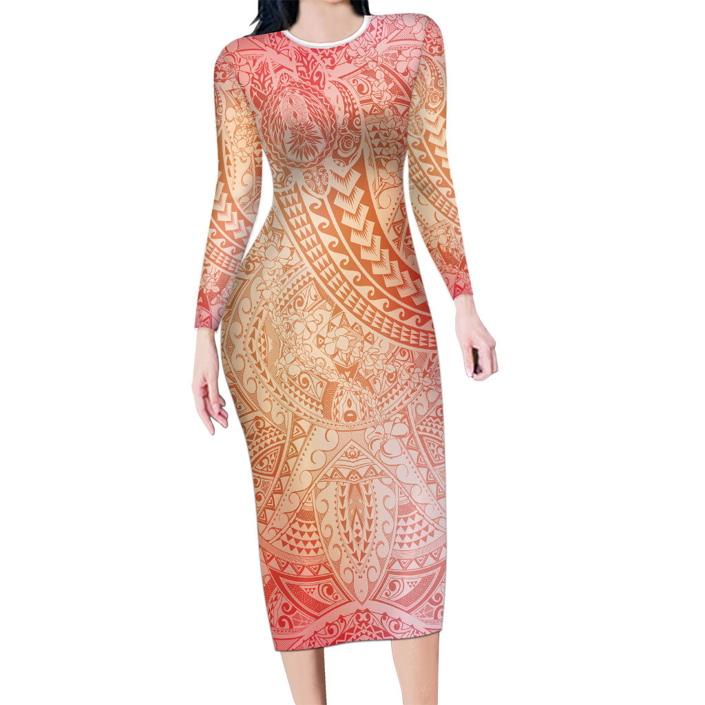 Hawaiian Turtles and Leis Long Sleeve Bodycon Dress Tribal Kakau Pattern Peach Fuzz Color