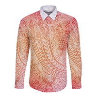 Hawaiian Turtles and Leis Long Sleeve Button Shirt Tribal Kakau Pattern Peach Fuzz Color