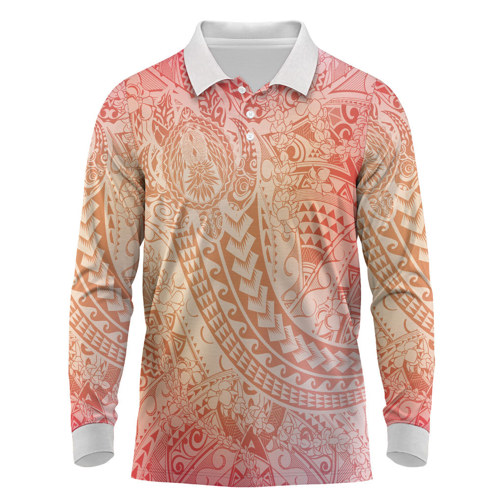 Hawaiian Turtles and Leis Long Sleeve Polo Shirt Tribal Kakau Pattern Peach Fuzz Color
