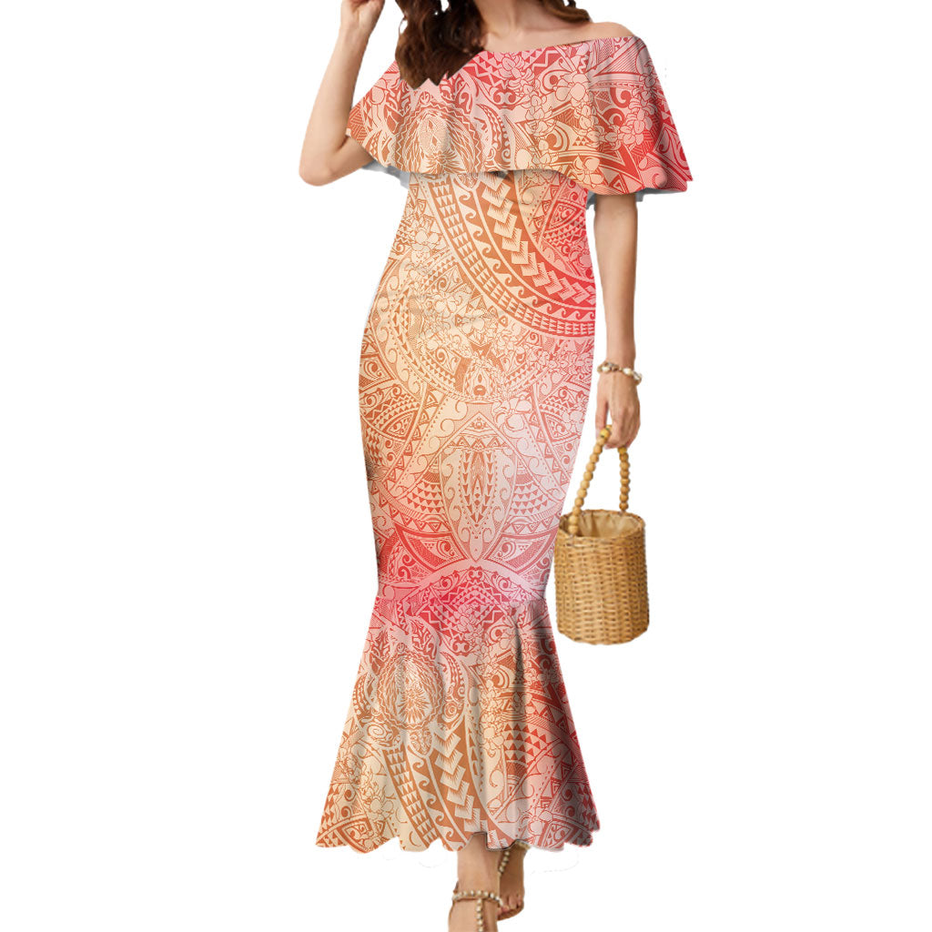Hawaiian Turtles and Leis Mermaid Dress Tribal Kakau Pattern Peach Fuzz Color