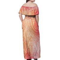 Hawaiian Turtles and Leis Off Shoulder Maxi Dress Tribal Kakau Pattern Peach Fuzz Color