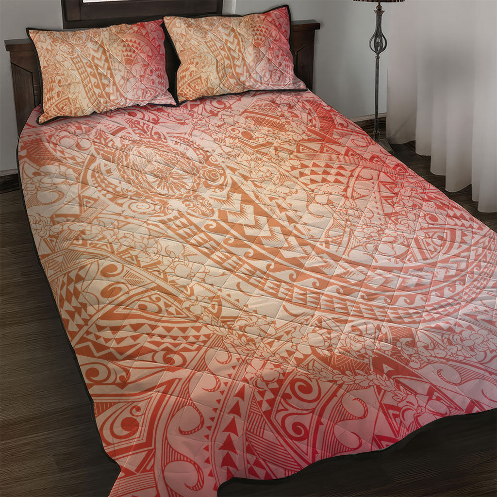Hawaiian Turtles and Leis Quilt Bed Set Tribal Kakau Pattern Peach Fuzz Color
