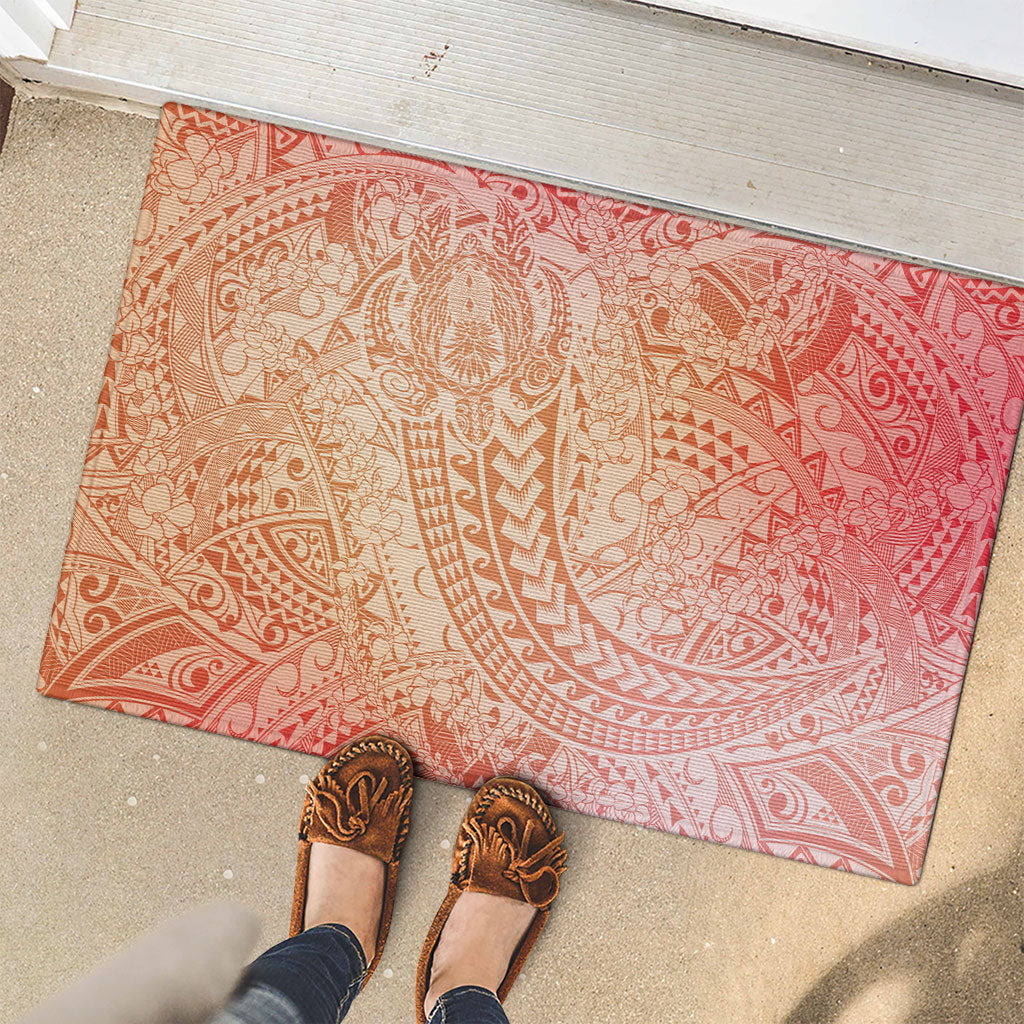 Hawaiian Turtles and Leis Rubber Doormat Tribal Kakau Pattern Peach Fuzz Color
