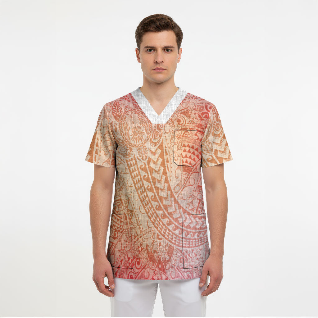 Hawaiian Turtles and Leis Scrub Top Tribal Kakau Pattern Peach Fuzz Color