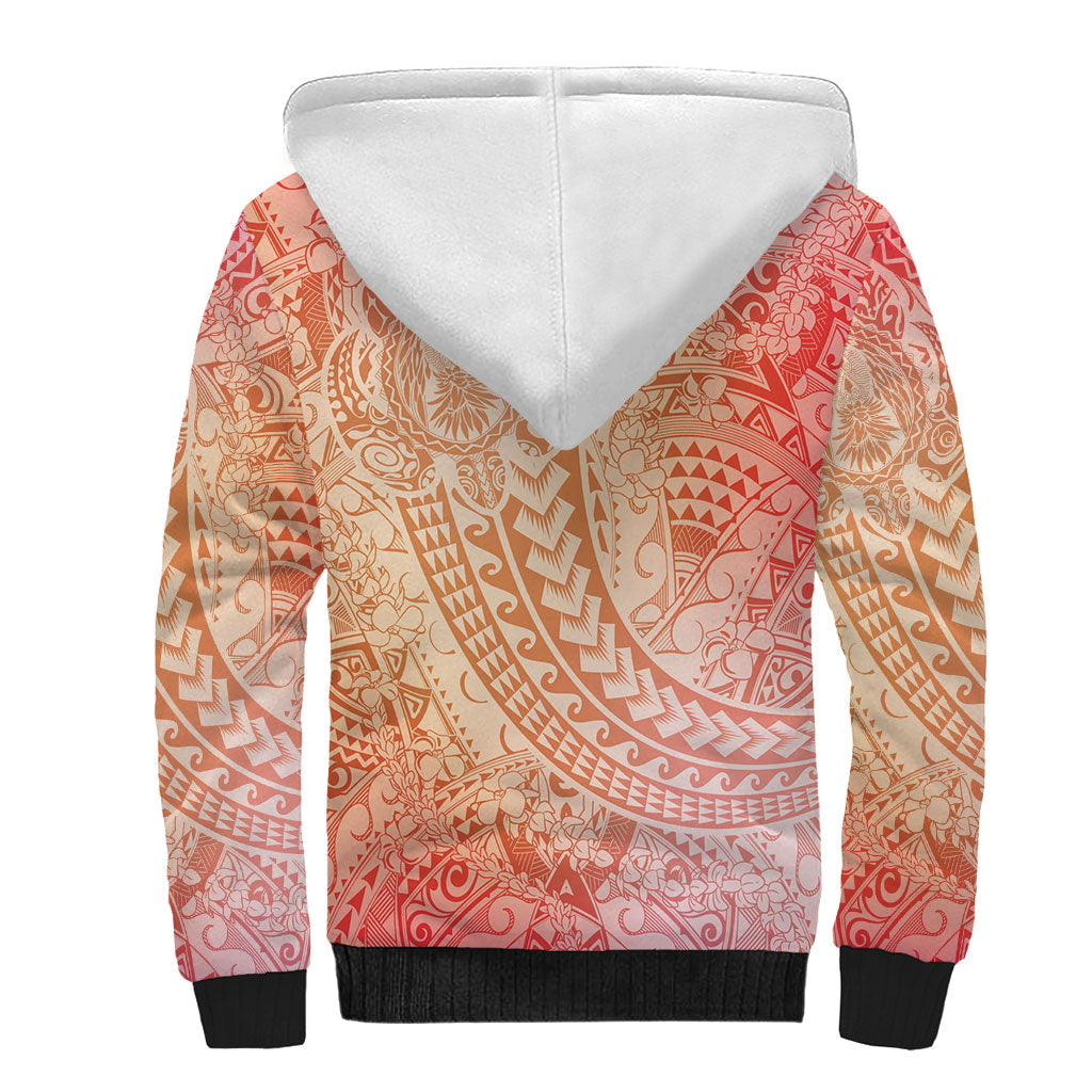 Hawaiian Turtles and Leis Sherpa Hoodie Tribal Kakau Pattern Peach Fuzz Color