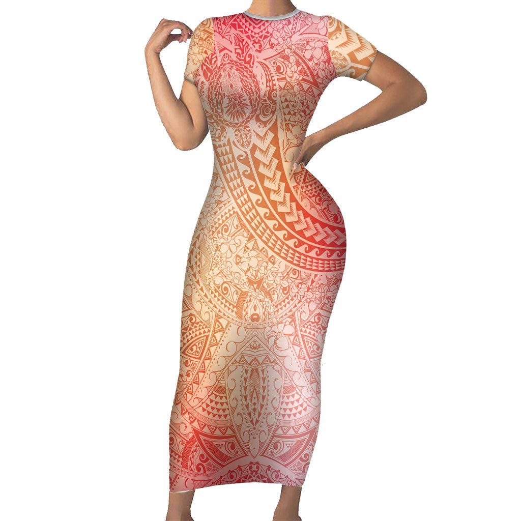 Hawaiian Turtles and Leis Short Sleeve Bodycon Dress Tribal Kakau Pattern Peach Fuzz Color