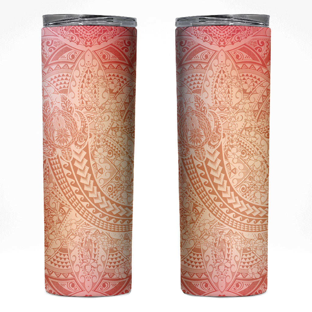 Hawaiian Turtles and Leis Skinny Tumbler Tribal Kakau Pattern Peach Fuzz Color