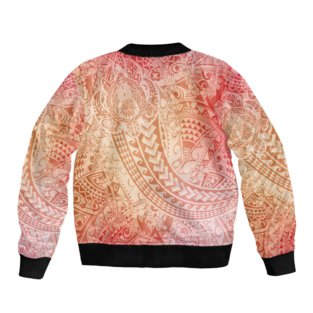 Hawaiian Turtles and Leis Sleeve Zip Bomber Jacket Tribal Kakau Pattern Peach Fuzz Color