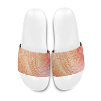 Hawaiian Turtles and Leis Slide Sandals Tribal Kakau Pattern Peach Fuzz Color