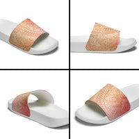 Hawaiian Turtles and Leis Slide Sandals Tribal Kakau Pattern Peach Fuzz Color