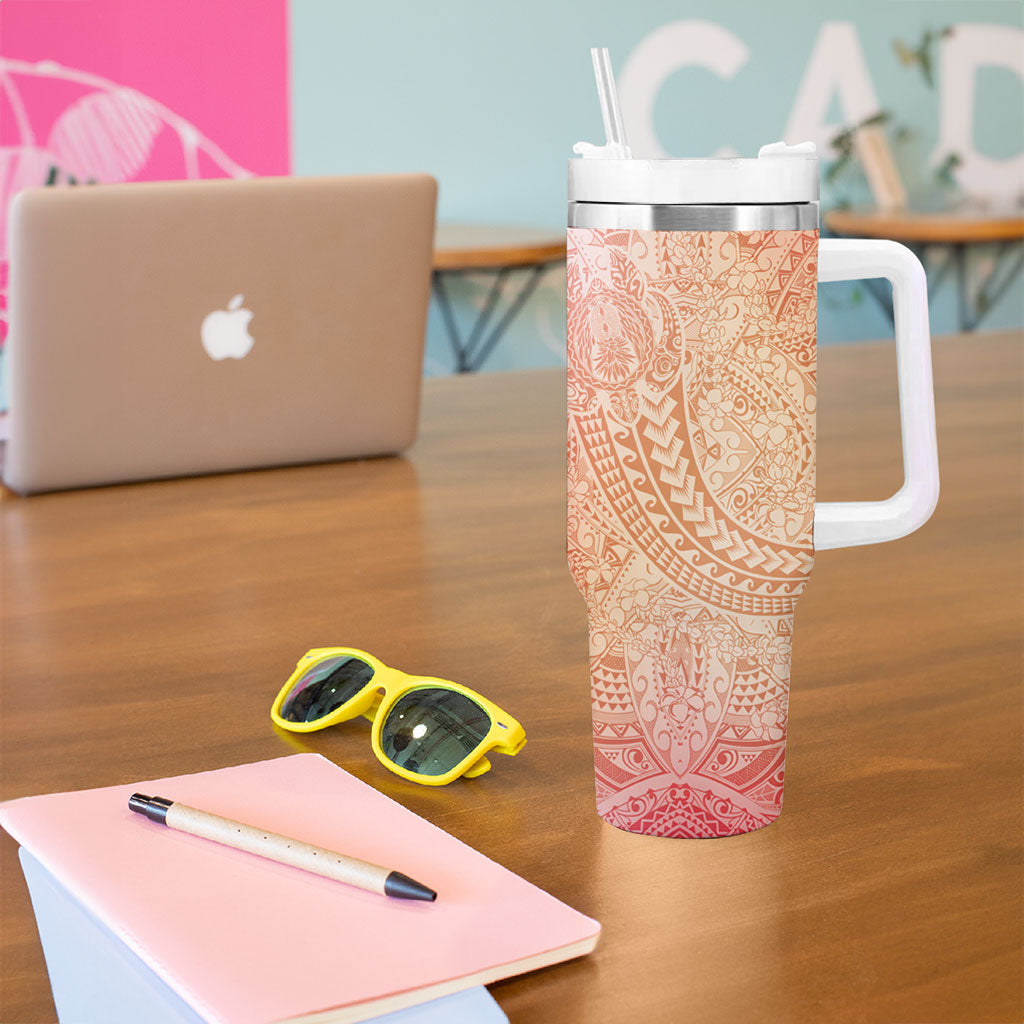 Hawaiian Turtles and Leis Tumbler With Handle Tribal Kakau Pattern Peach Fuzz Color