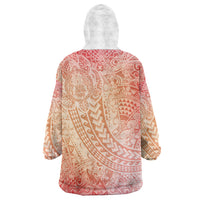 Hawaiian Turtles and Leis Wearable Blanket Hoodie Tribal Kakau Pattern Peach Fuzz Color