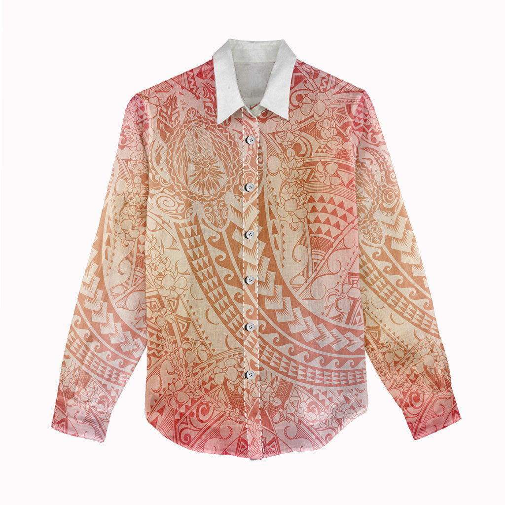 Hawaiian Turtles and Leis Women Casual Shirt Tribal Kakau Pattern Peach Fuzz Color