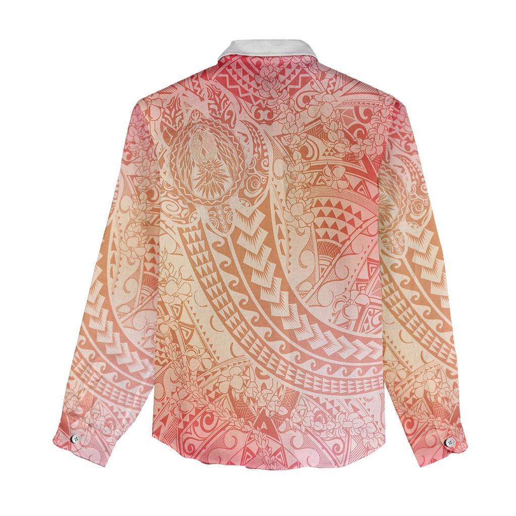 Hawaiian Turtles and Leis Women Casual Shirt Tribal Kakau Pattern Peach Fuzz Color
