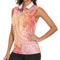 Hawaiian Turtles and Leis Women Sleeveless Polo Shirt Tribal Kakau Pattern Peach Fuzz Color