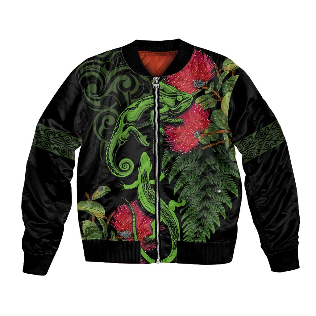 New Zealand Chameleon and Gecko Bomber Jacket Maori Silver Fern and Pohutukawa Decoration LT03 Unisex Green - Polynesian Pride