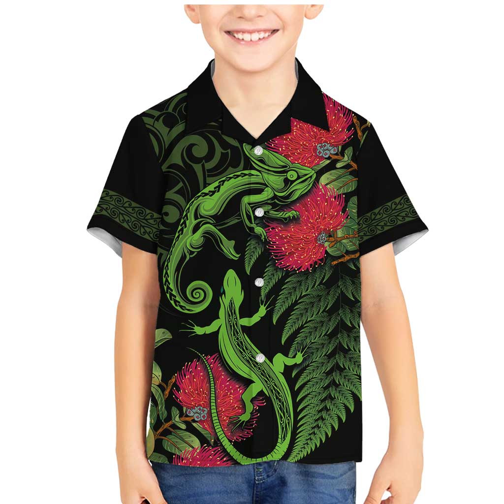 New Zealand Chameleon and Gecko Family Matching Mermaid Dress and Hawaiian Shirt Maori Silver Fern and Pohutukawa Decoration LT03 Son's Shirt Green - Polynesian Pride