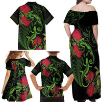 New Zealand Chameleon and Gecko Family Matching Off Shoulder Maxi Dress and Hawaiian Shirt Maori Silver Fern and Pohutukawa Decoration