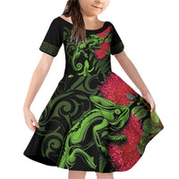 New Zealand Chameleon and Gecko Family Matching Off Shoulder Short Dress and Hawaiian Shirt Maori Silver Fern and Pohutukawa Decoration