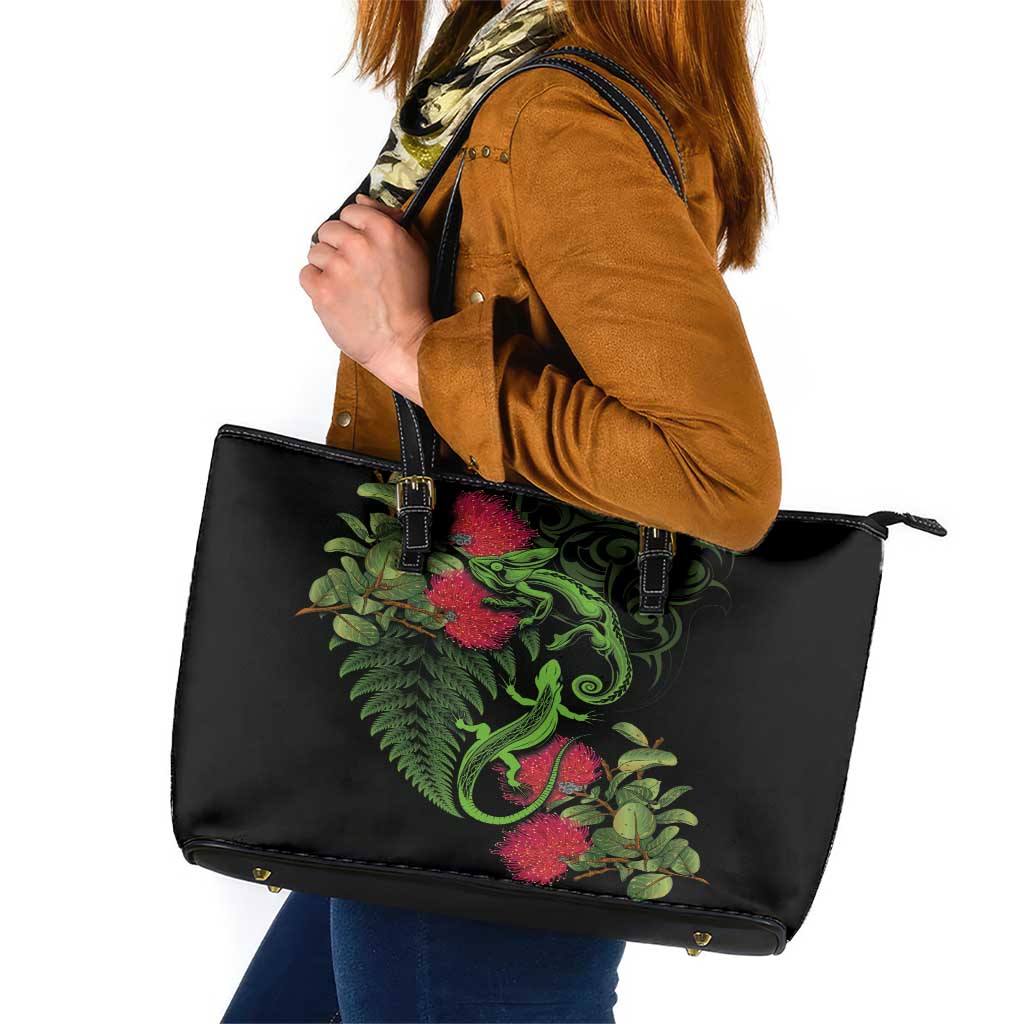 New Zealand Chameleon and Gecko Leather Tote Bag Maori Silver Fern and Pohutukawa Decoration LT03 Green - Polynesian Pride