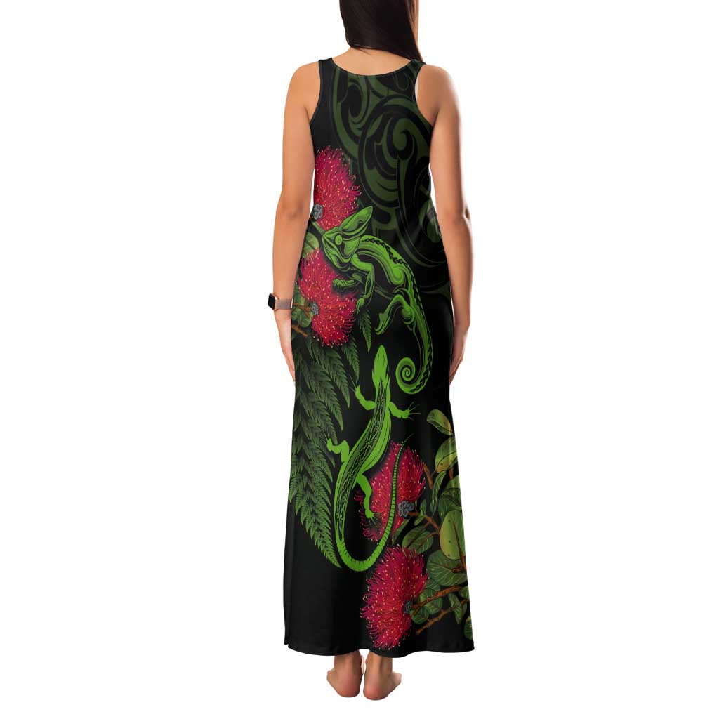 New Zealand Chameleon and Gecko Tank Maxi Dress Maori Silver Fern and Pohutukawa Decoration