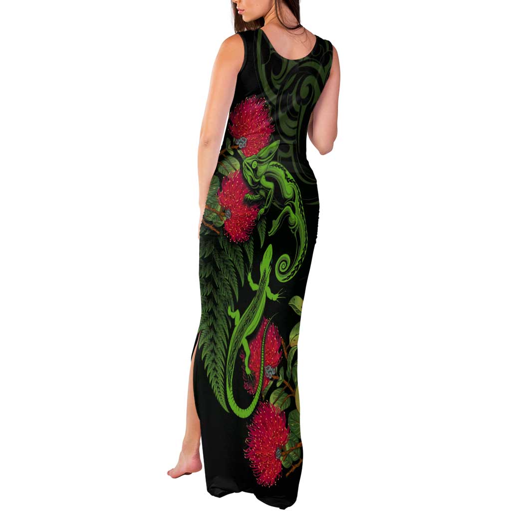 New Zealand Chameleon and Gecko Tank Maxi Dress Maori Silver Fern and Pohutukawa Decoration