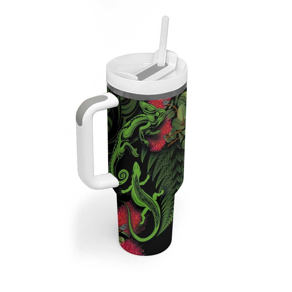 New Zealand Chameleon and Gecko Tumbler With Handle Maori Silver Fern and Pohutukawa Decoration