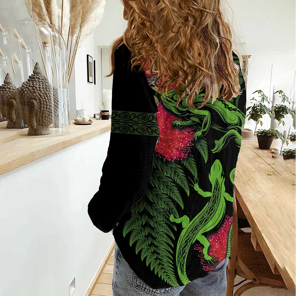 New Zealand Chameleon and Gecko Women Casual Shirt Maori Silver Fern and Pohutukawa Decoration