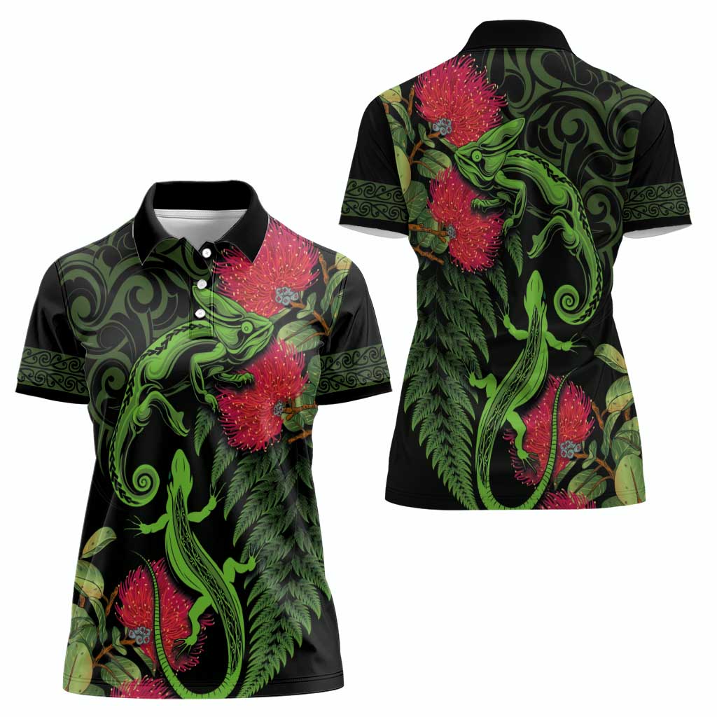 New Zealand Chameleon and Gecko Women Polo Shirt Maori Silver Fern and Pohutukawa Decoration