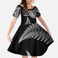 Personalised New Zealand Maori Art Tattoo and Silver Fern Family Matching Mermaid Dress and Hawaiian Shirt LT03 Daughter's Dress Black - Polynesian Pride