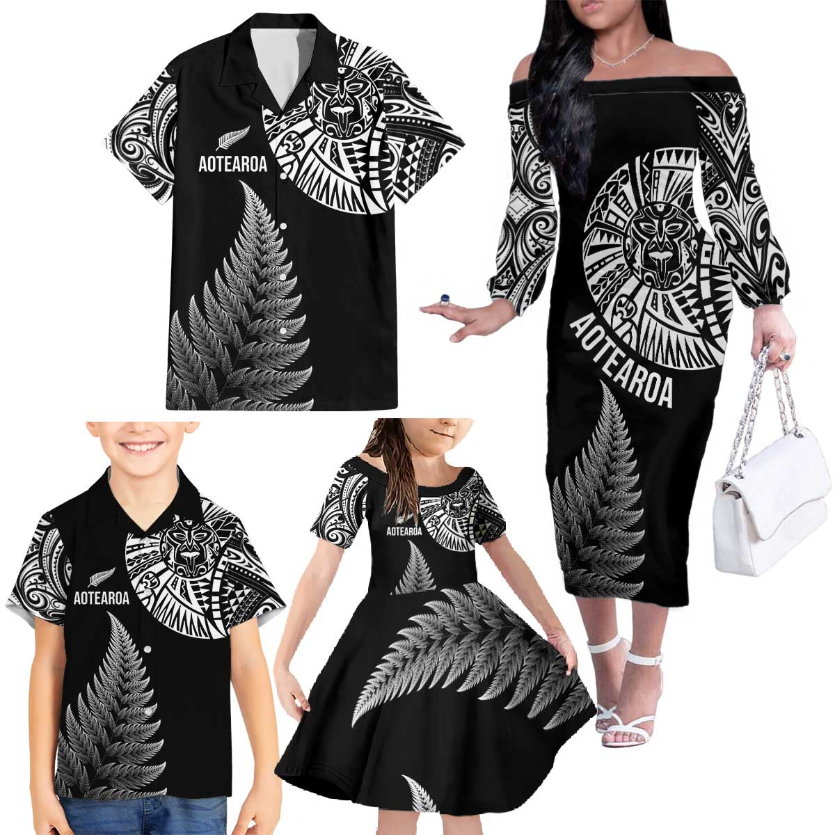 Personalised New Zealand Maori Art Tattoo and Silver Fern Family Matching Off The Shoulder Long Sleeve Dress and Hawaiian Shirt LT03 - Polynesian Pride