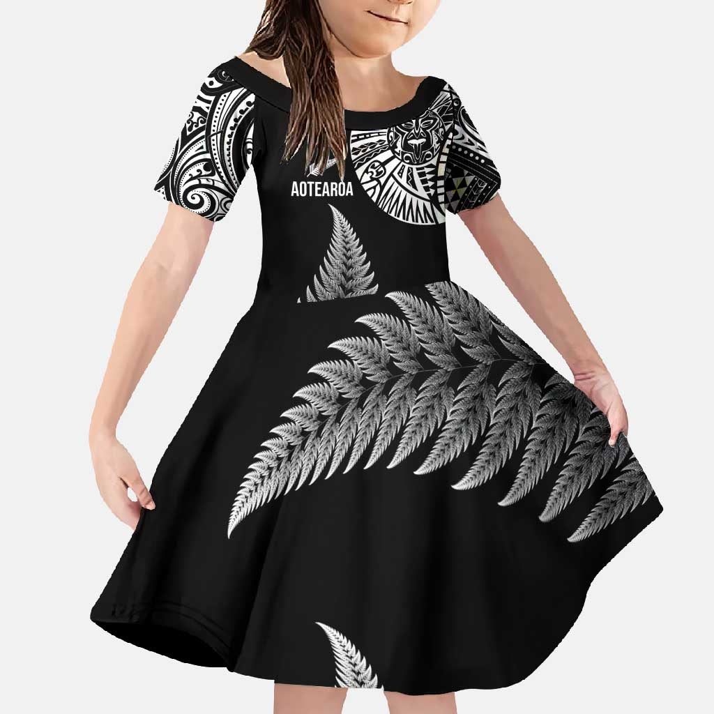 Personalised New Zealand Maori Art Tattoo and Silver Fern Family Matching Tank Maxi Dress and Hawaiian Shirt LT03 Daughter's Dress Black - Polynesian Pride