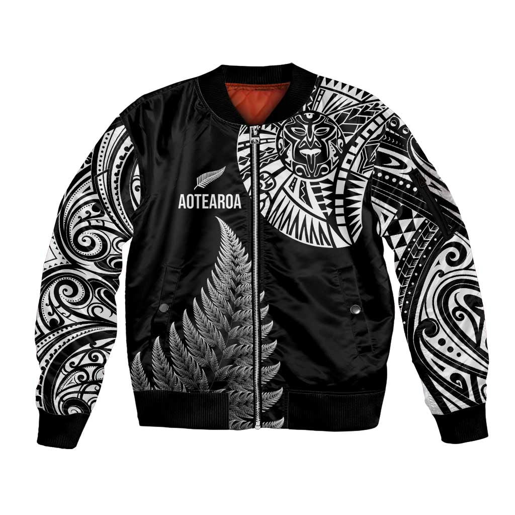 Personalised New Zealand Maori Art Tattoo and Silver Fern Sleeve Zip Bomber Jacket LT03 Unisex Black - Polynesian Pride