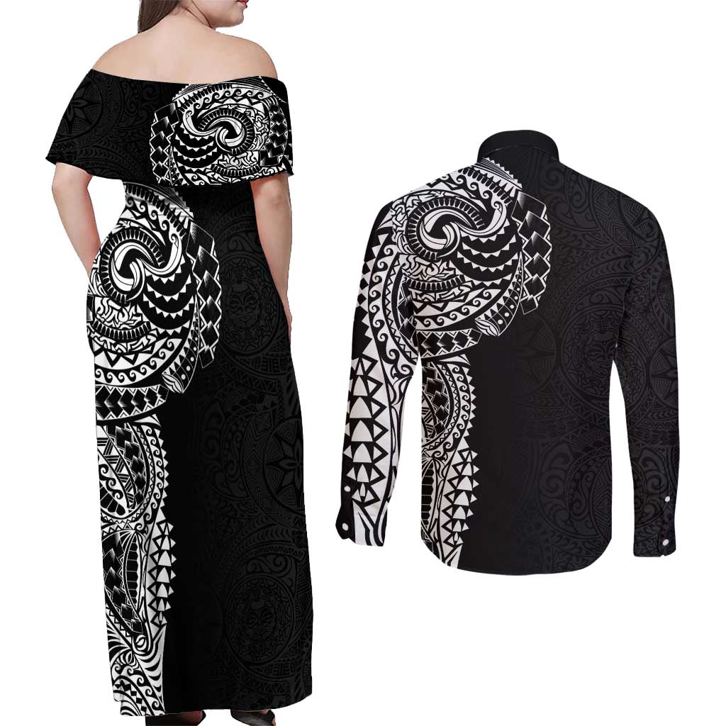 Polynesian Art Traditional Tattoo Pattern Couples Matching Off Shoulder Maxi Dress and Long Sleeve Button Shirt