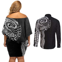 Polynesian Art Traditional Tattoo Pattern Couples Matching Off Shoulder Short Dress and Long Sleeve Button Shirt