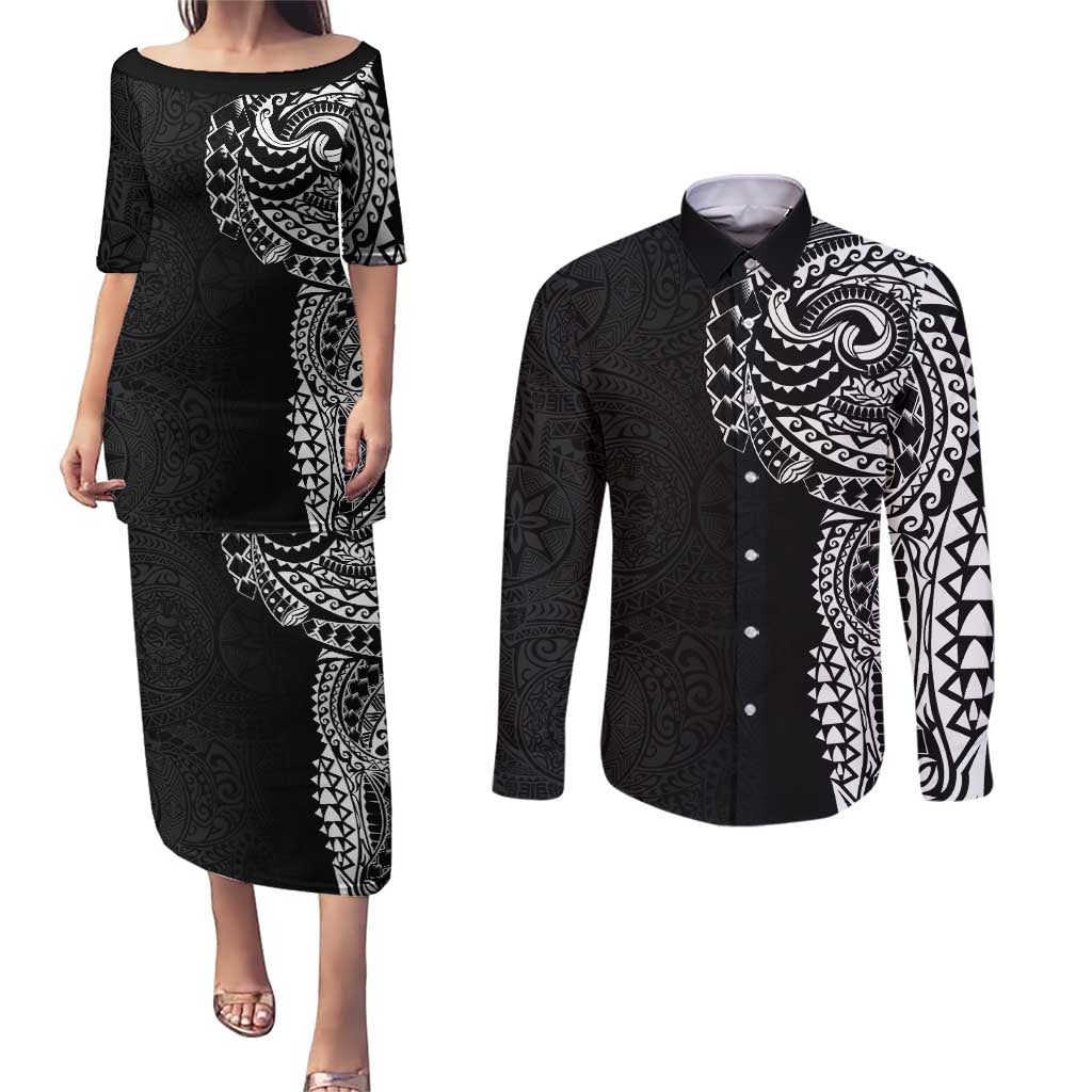 Polynesian Art Traditional Tattoo Pattern Couples Matching Puletasi and Long Sleeve Button Shirt