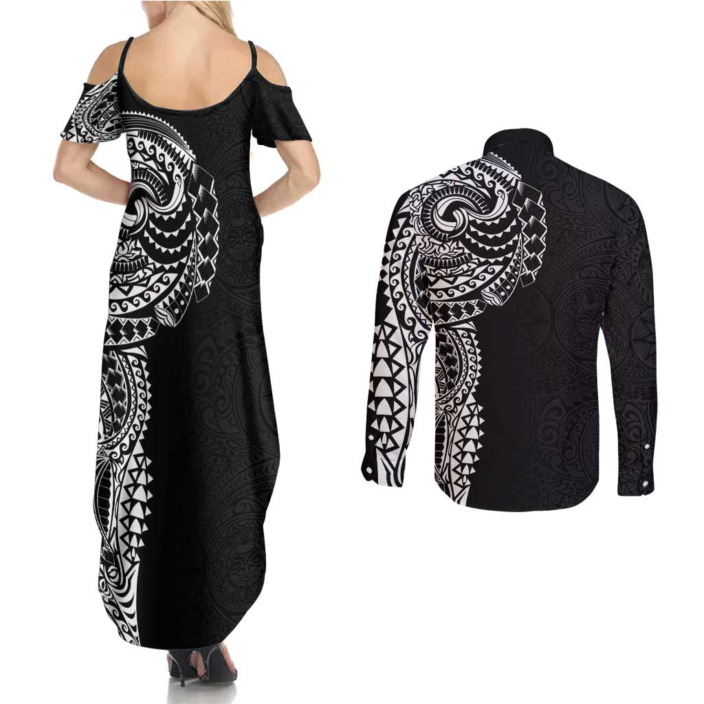 Polynesian Art Traditional Tattoo Pattern Couples Matching Summer Maxi Dress and Long Sleeve Button Shirt