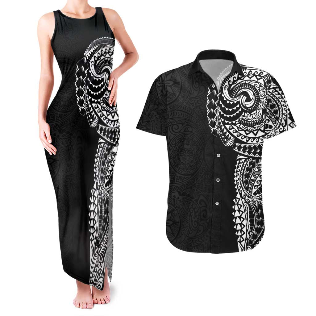 Polynesian Art Traditional Tattoo Pattern Couples Matching Tank Maxi Dress and Hawaiian Shirt